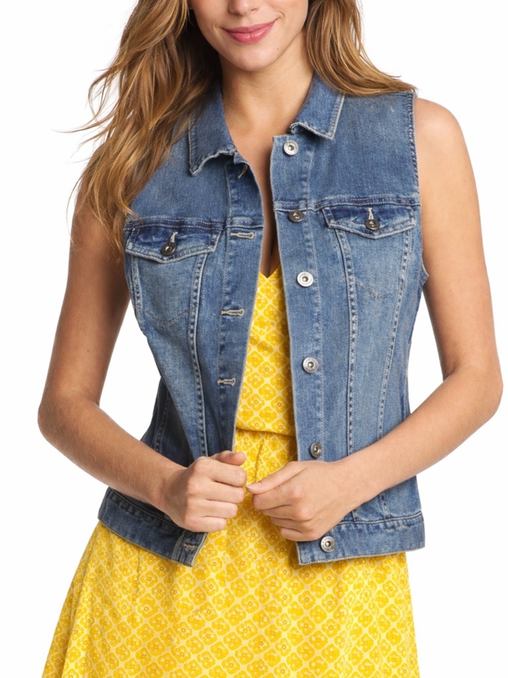 Vince Camuto Medium Blue Denim Vest Stretch Sleeveless Jacket New